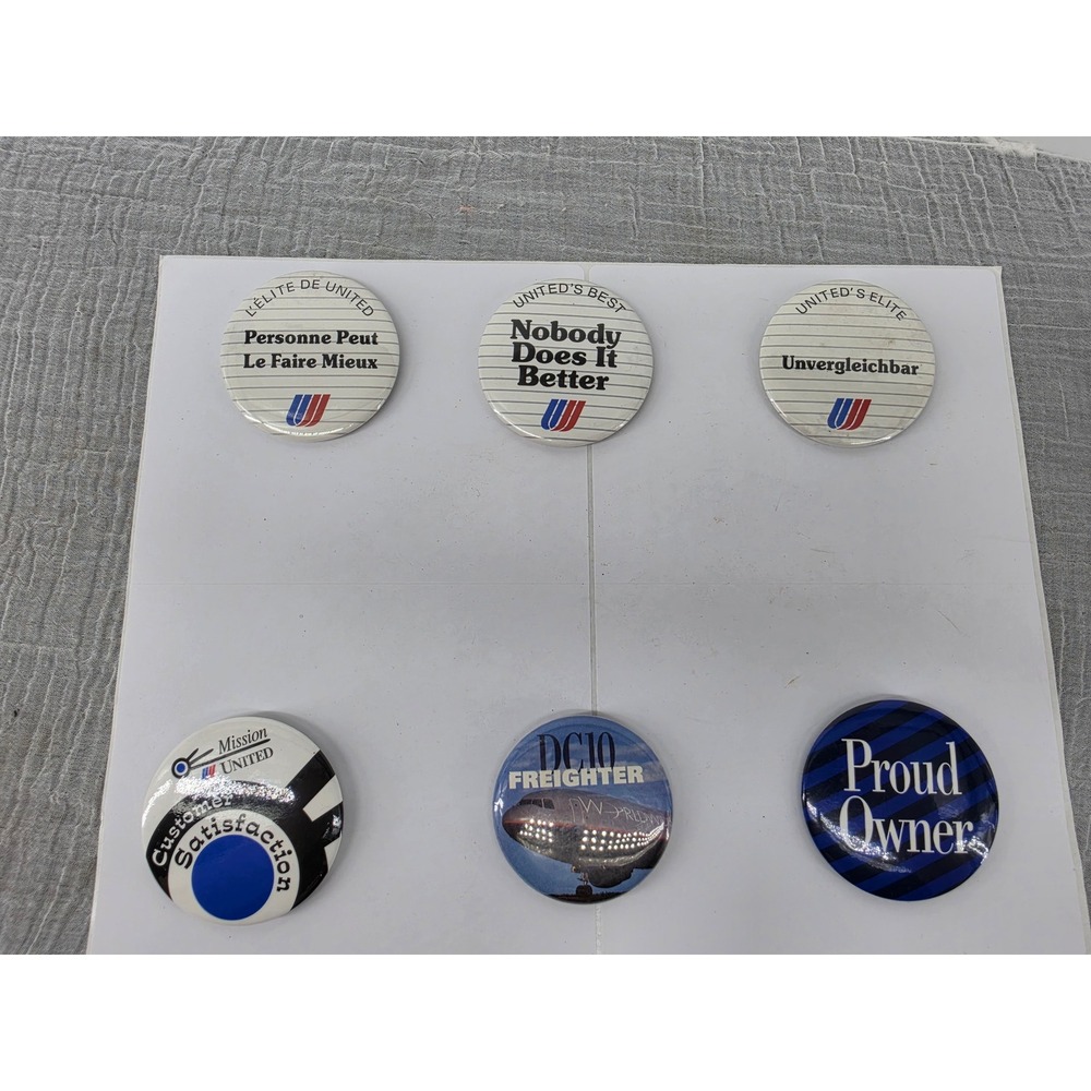 Vintage United Airlines Pinback Button Lot DC10 Freighter Proud Owner 6pc Set